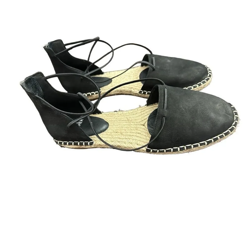 Eileen Fisher Flat Shoes Lace Leather Espadrille Wrap Sandal Black 8 Size: 81/2